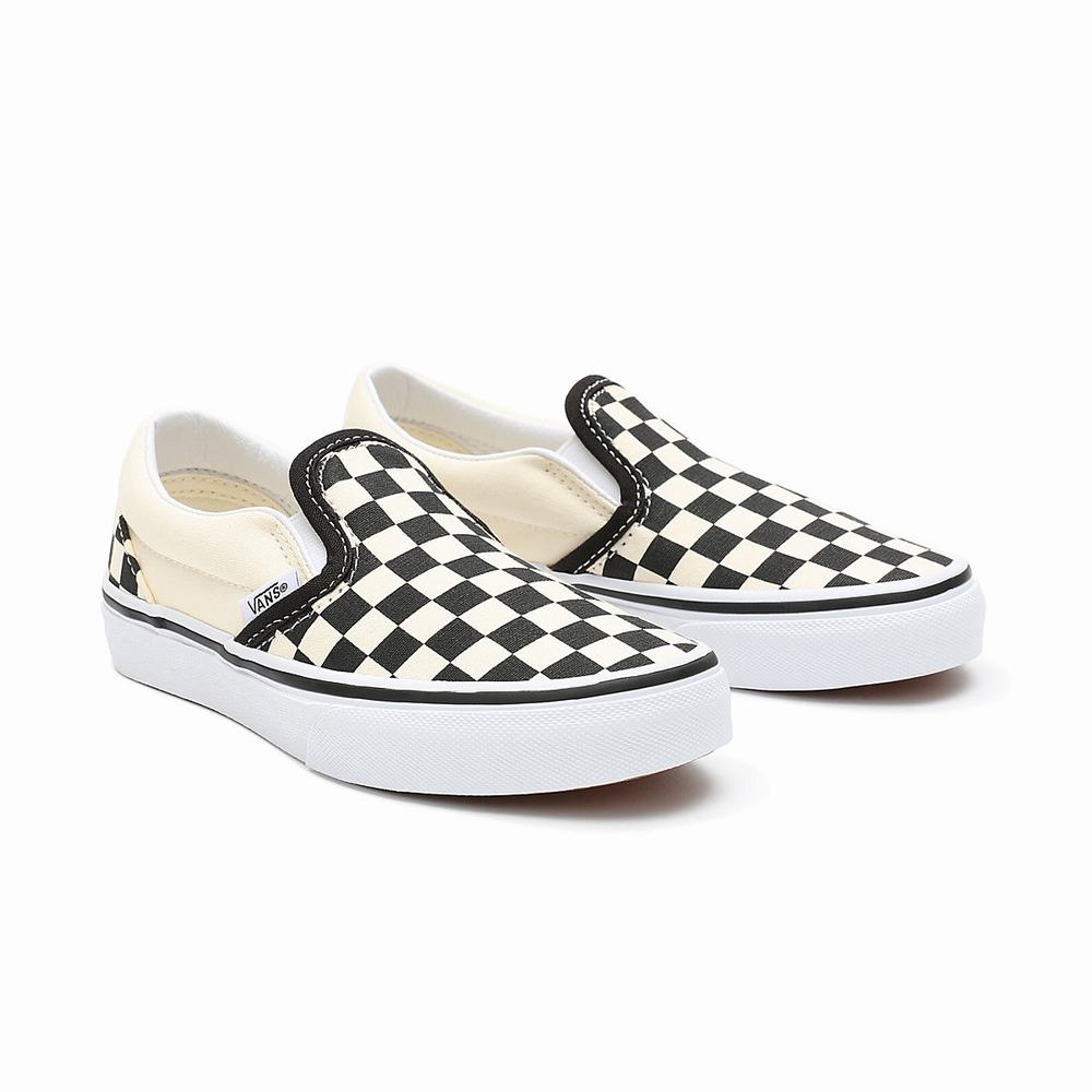 Kids\' Vans Checkerboard Classic (4-8 years) Slip On Shoes Black / White | USA08964