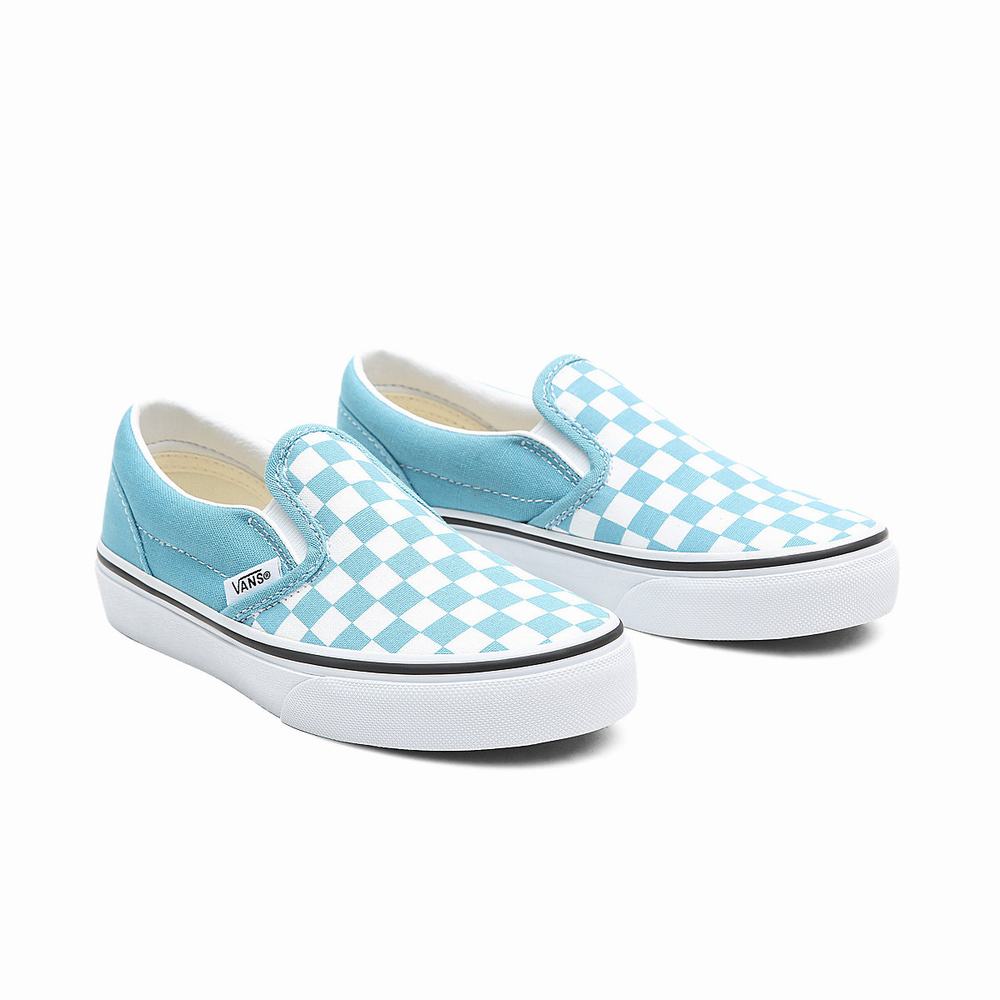 Kids\' Vans Checkerboard Classic (4-8 years) Slip On Shoes Blue | USA53427