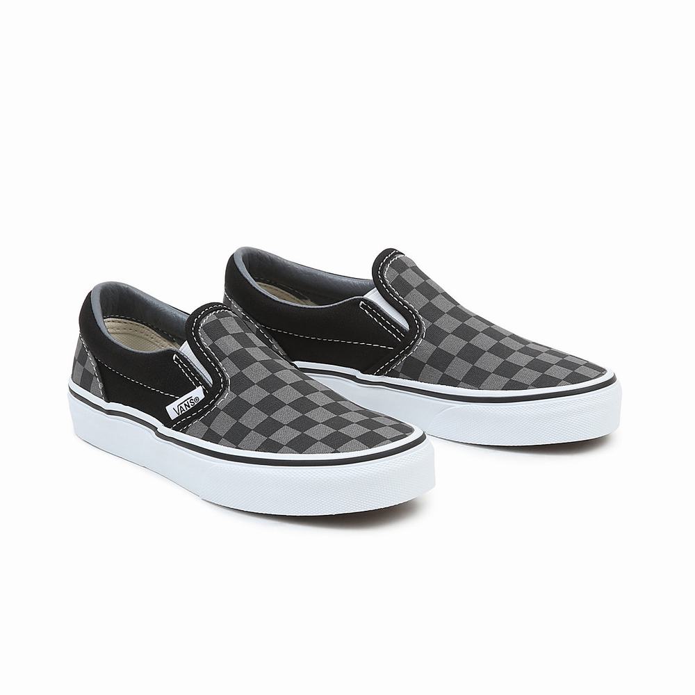 Kids\' Vans Checkerboard Classic (4-8 years) Slip On Shoes Black / Grey | USA60813