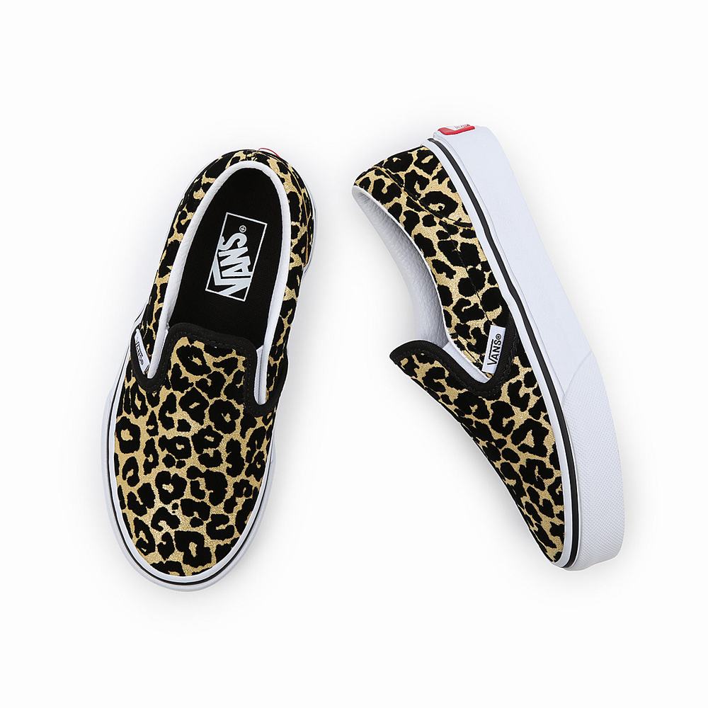 Kids' Vans Flocked Leopard Classic (4-8 years) Slip On Shoes Black / Gold | USA40816