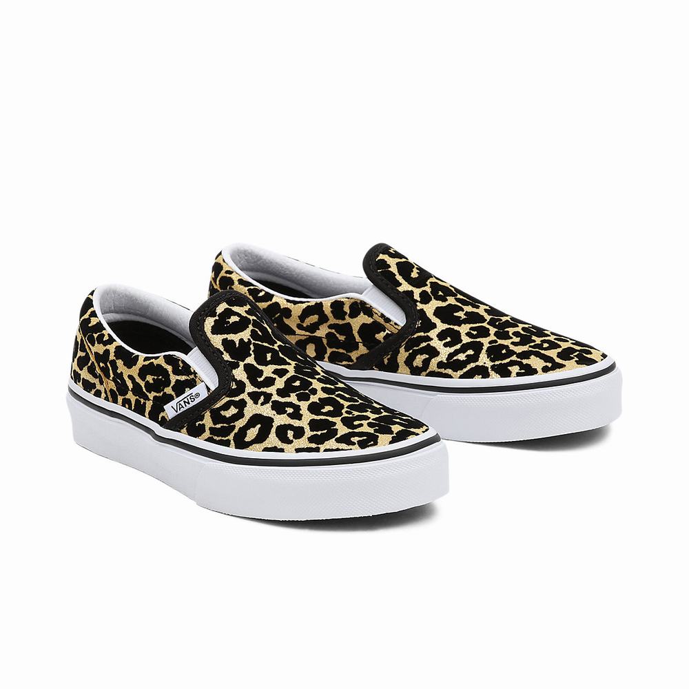 Kids\' Vans Flocked Leopard Classic (4-8 years) Slip On Shoes Black / Gold | USA40816