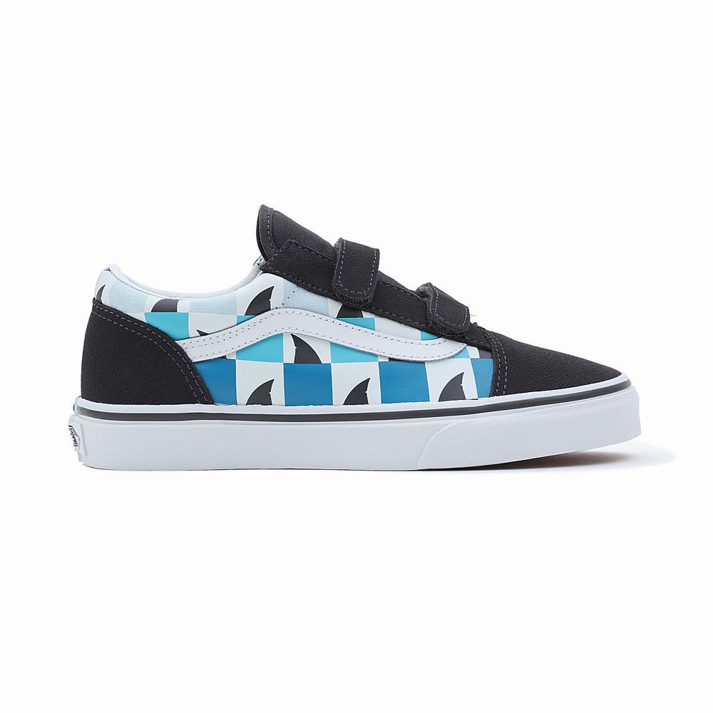 Kids' Vans Glow Checkerboard Sharks Old Skool Velcro (8-14 years) Sneakers Blue / Black | USA75163