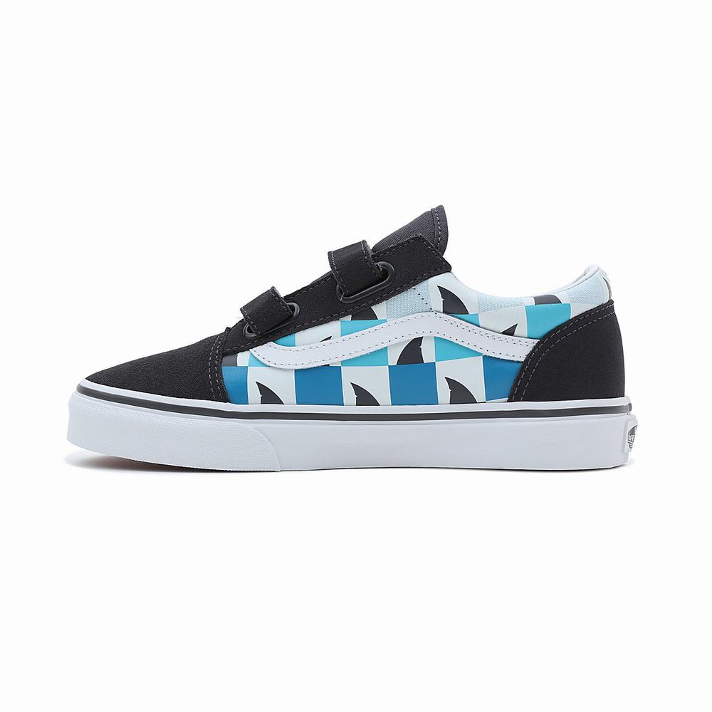 Kids' Vans Glow Checkerboard Sharks Old Skool Velcro (8-14 years) Sneakers Blue / Black | USA75163