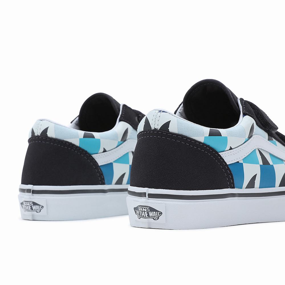 Kids' Vans Glow Checkerboard Sharks Old Skool Velcro (8-14 years) Sneakers Blue / Black | USA75163