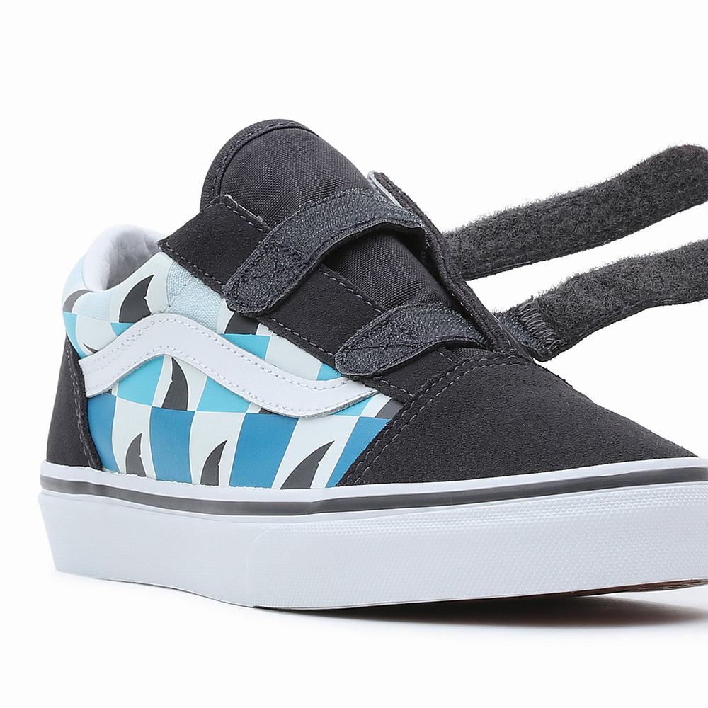 Kids' Vans Glow Checkerboard Sharks Old Skool Velcro (8-14 years) Sneakers Blue / Black | USA75163