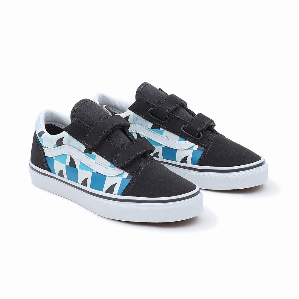 Kids\' Vans Glow Checkerboard Sharks Old Skool Velcro (8-14 years) Sneakers Blue / Black | USA75163