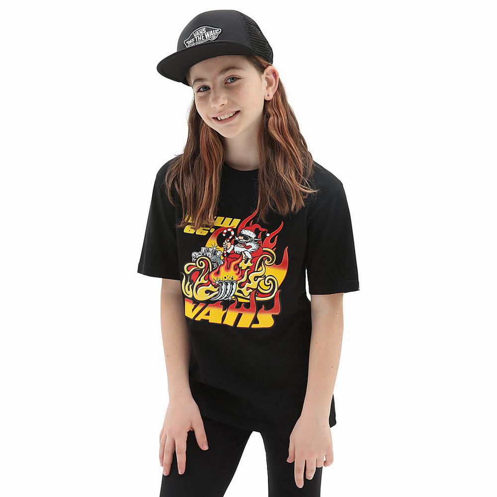 Kids' Vans Santa Flame (8-14 years) T Shirts Black | USA08912