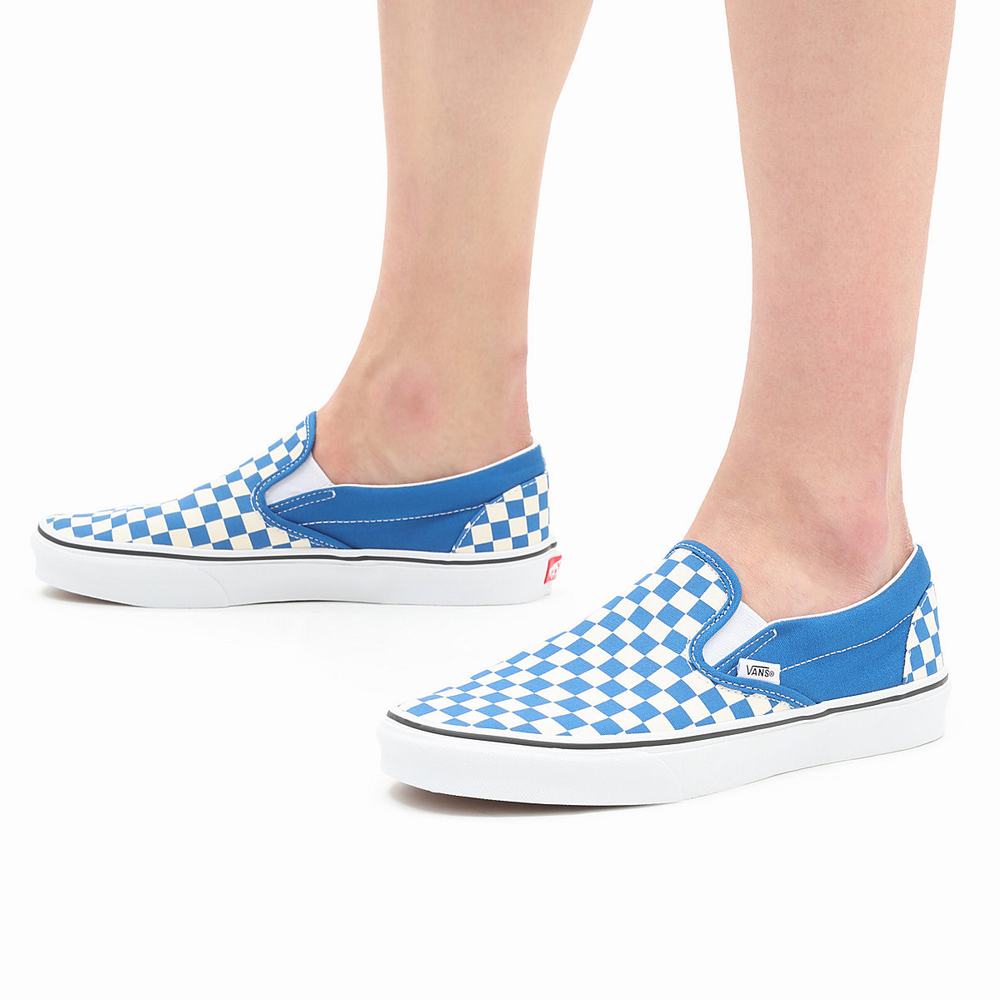 Men's Vans Checkerboard Classic Slip On Shoes Blue | USA21096