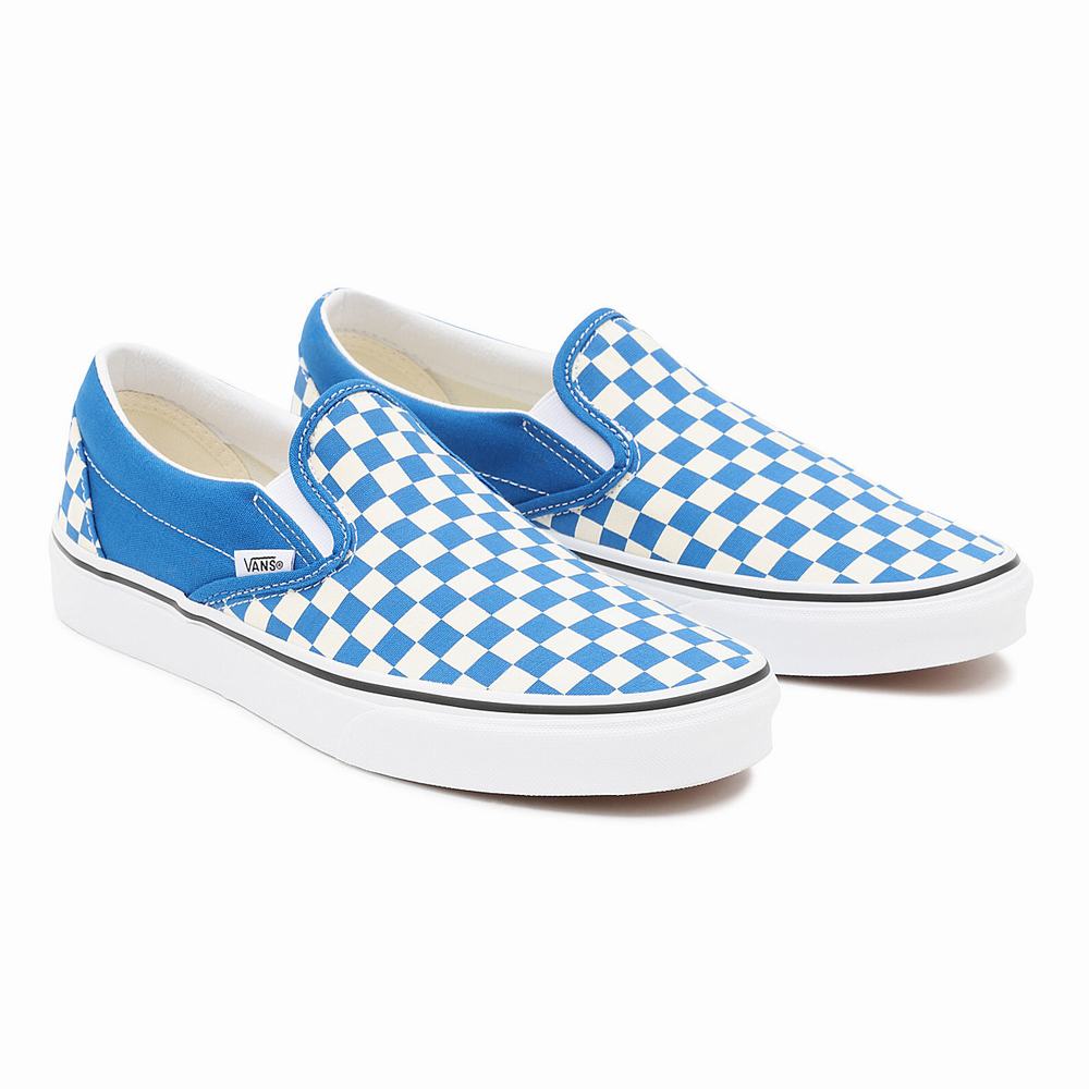 Men\'s Vans Checkerboard Classic Slip On Shoes Blue | USA21096