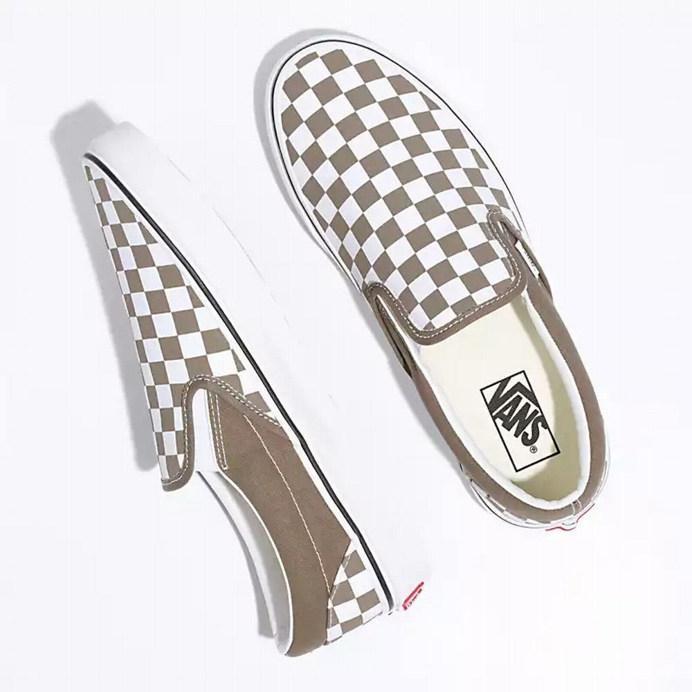 Men's Vans Checkerboard Classic Slip On Shoes Khaki | USA21309