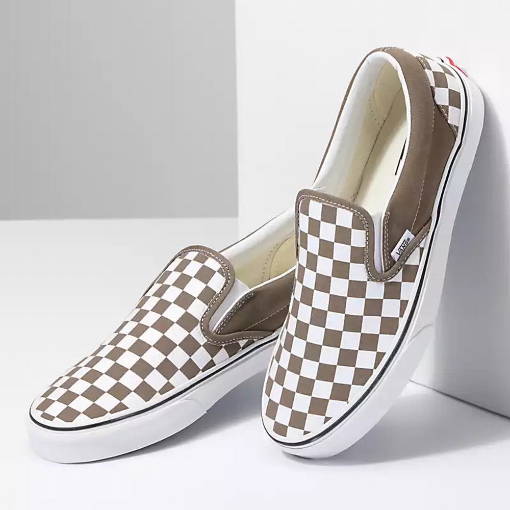 Men's Vans Checkerboard Classic Slip On Shoes Khaki | USA21309