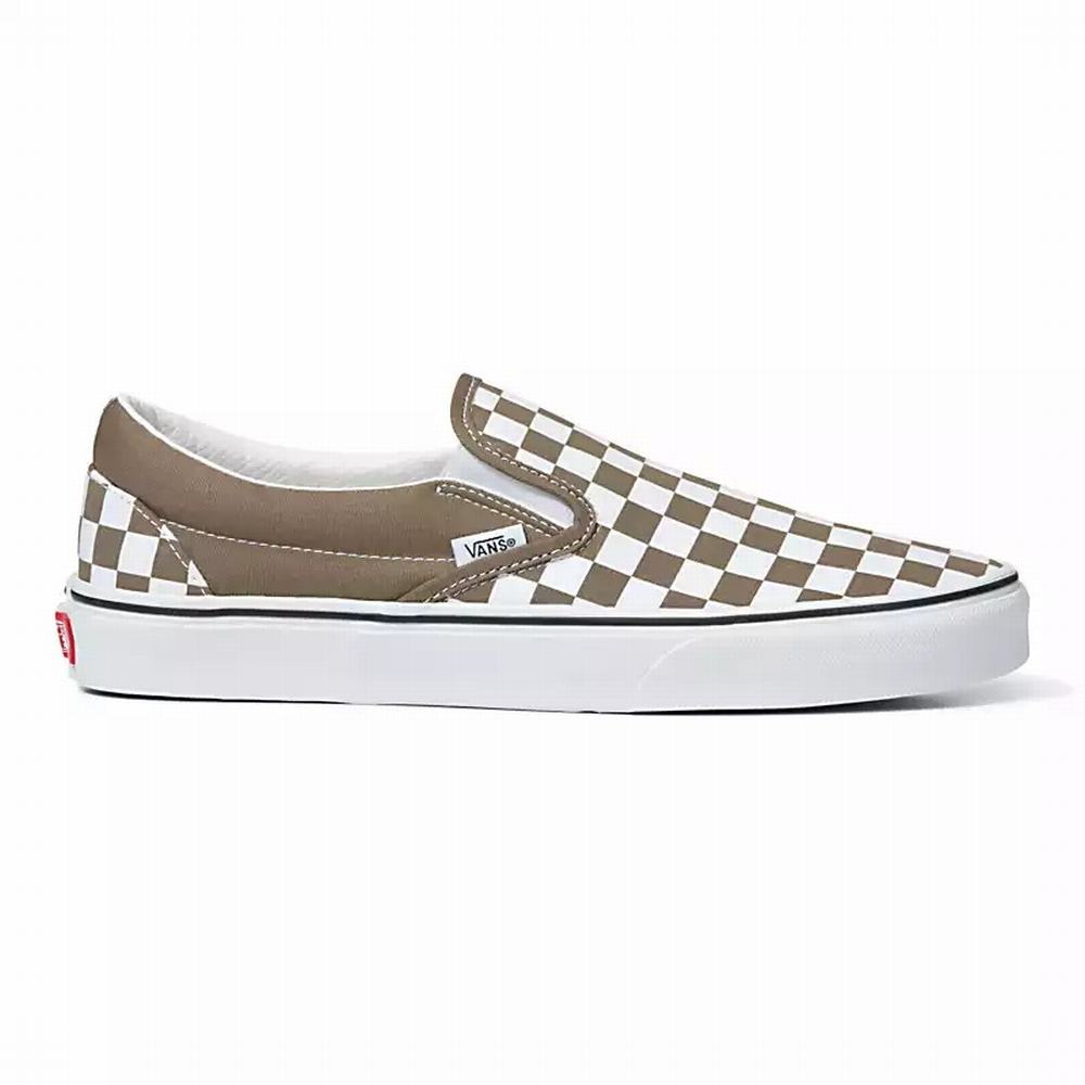 Men's Vans Checkerboard Classic Slip On Shoes Khaki | USA21309