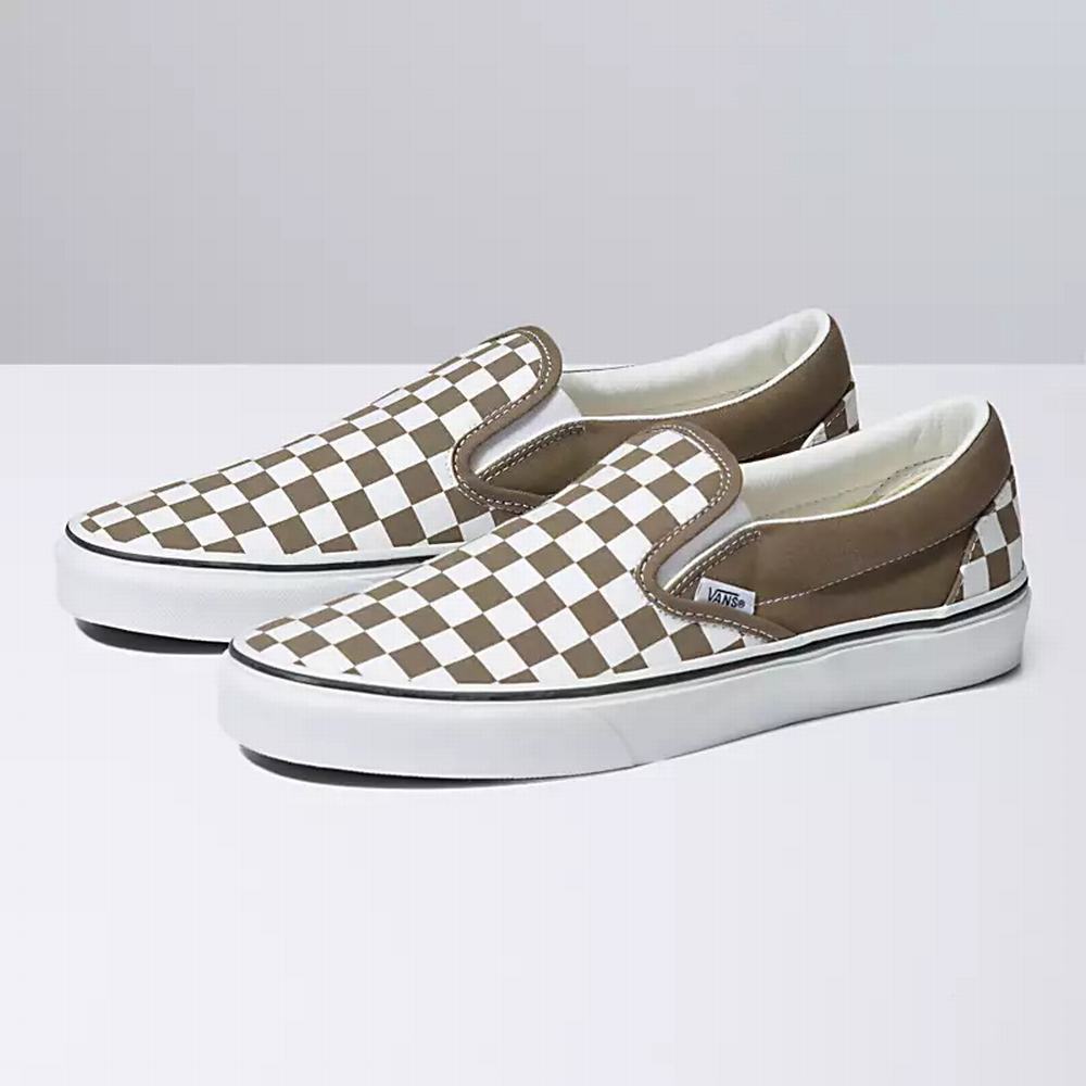 Men\'s Vans Checkerboard Classic Slip On Shoes Khaki | USA21309