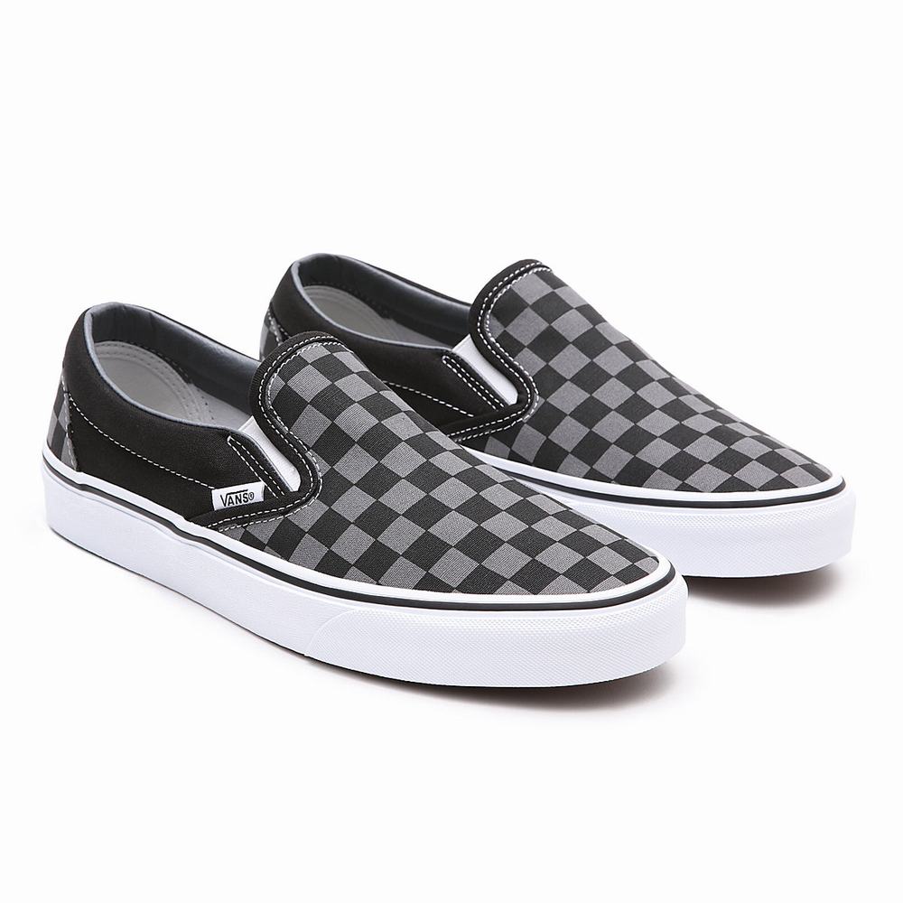 Men\'s Vans Checkerboard Classic Slip On Shoes Black / Grey | USA21750