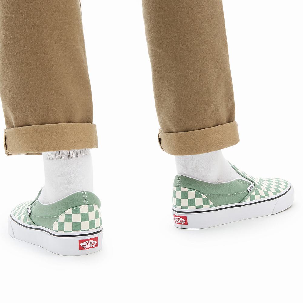 Men's Vans Checkerboard Classic Slip On Shoes Green | USA43156