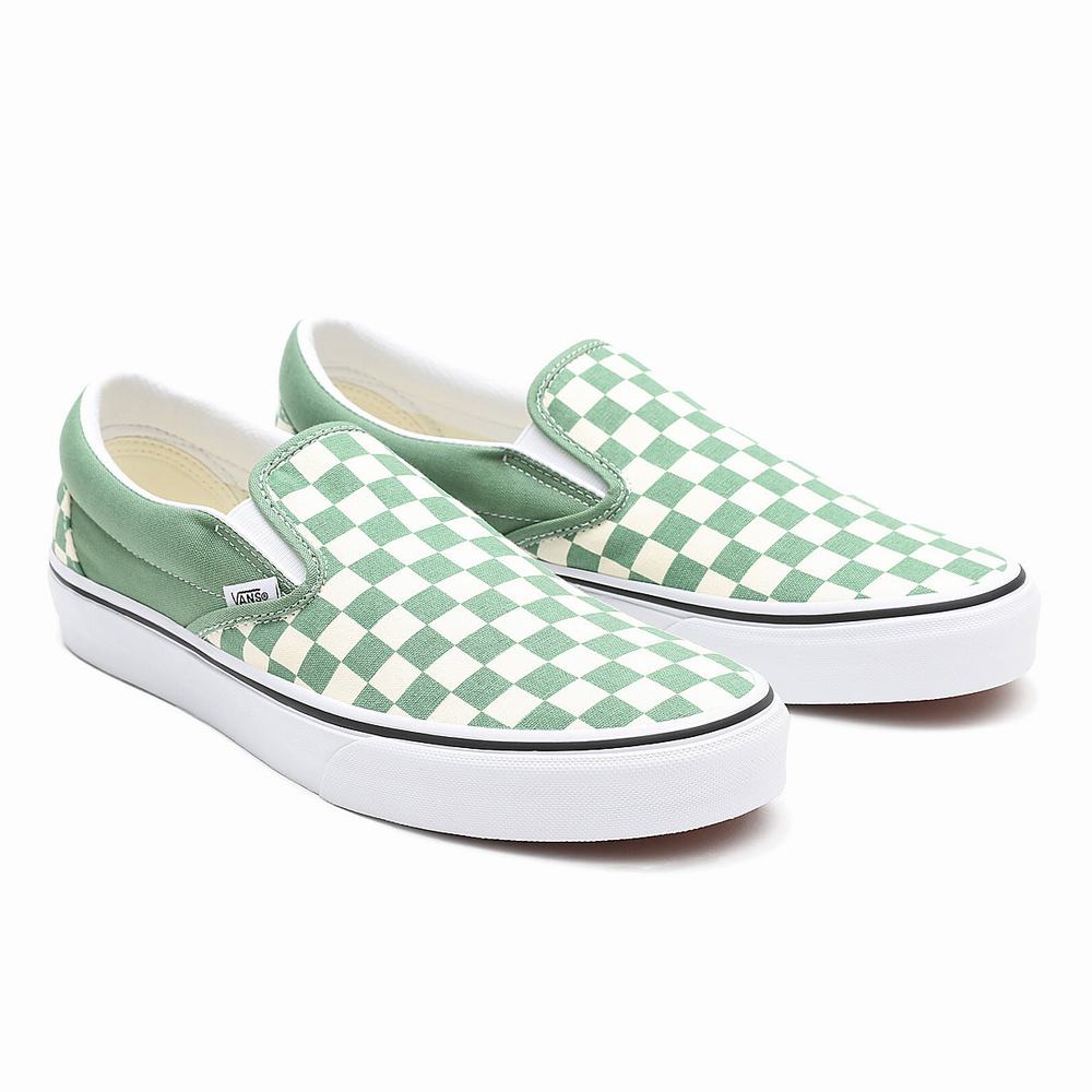 Men\'s Vans Checkerboard Classic Slip On Shoes Green | USA43156