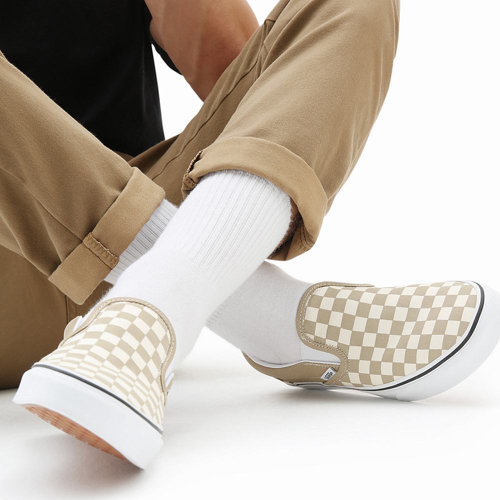 Men's Vans Checkerboard Classic Slip On Shoes Beige | USA57846