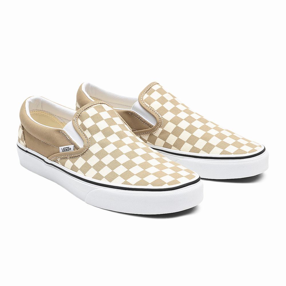 Men\'s Vans Checkerboard Classic Slip On Shoes Beige | USA57846