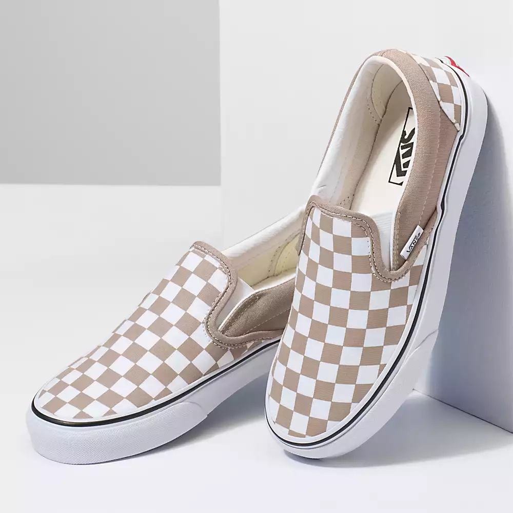 Men's Vans Checkerboard Classic Slip On Shoes Beige / White | USA58201