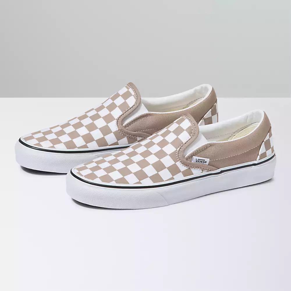 Men\'s Vans Checkerboard Classic Slip On Shoes Beige / White | USA58201