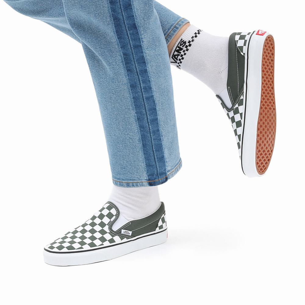 Men's Vans Checkerboard Classic Slip On Shoes Green | USA74163