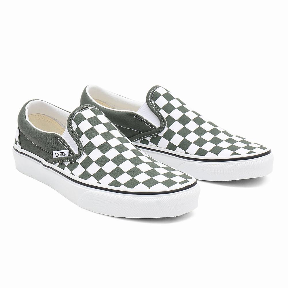 Men\'s Vans Checkerboard Classic Slip On Shoes Green | USA74163