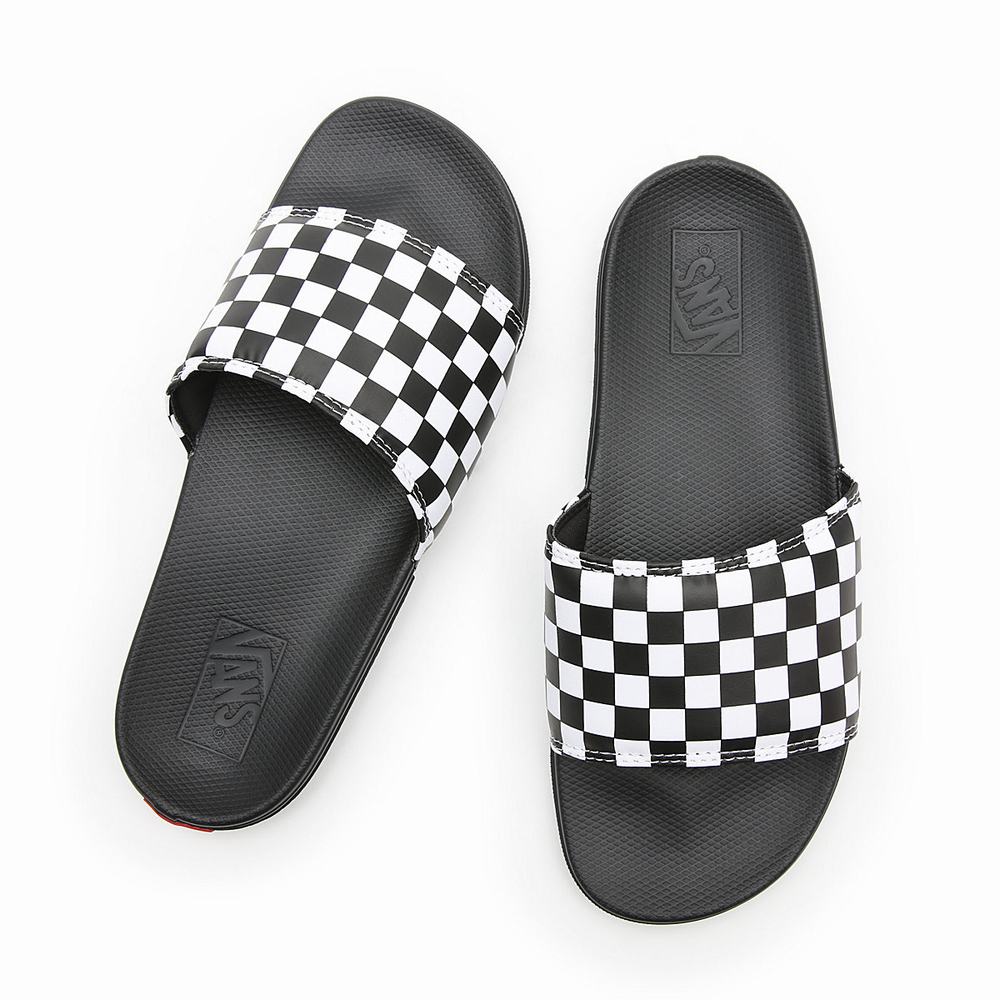 Men's Vans Checkerboard La Costa Slides Black / White | USA38257