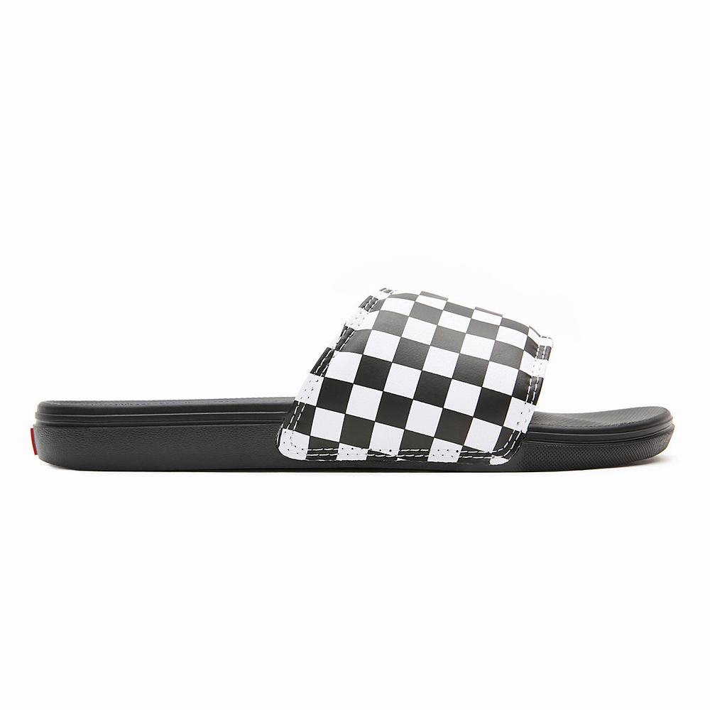 Men's Vans Checkerboard La Costa Slides Black / White | USA38257