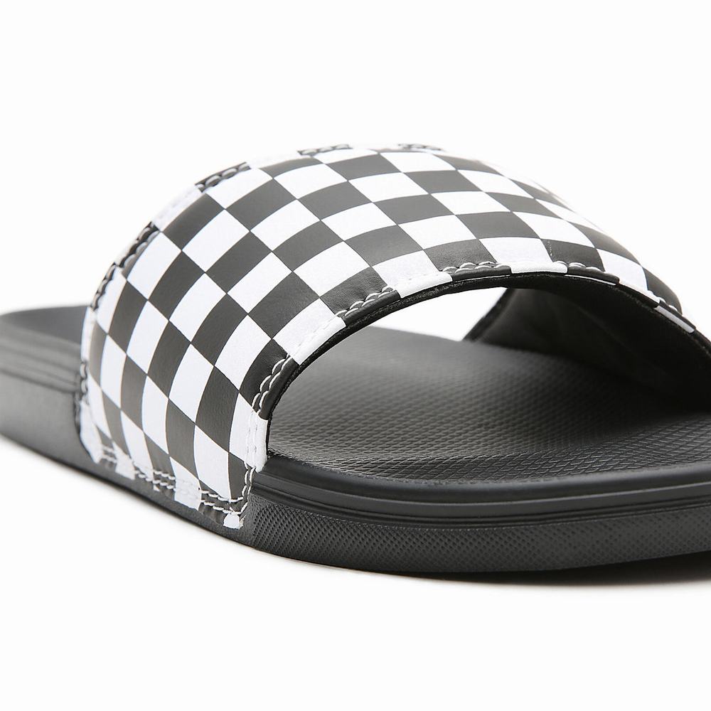 Men's Vans Checkerboard La Costa Slides Black / White | USA38257