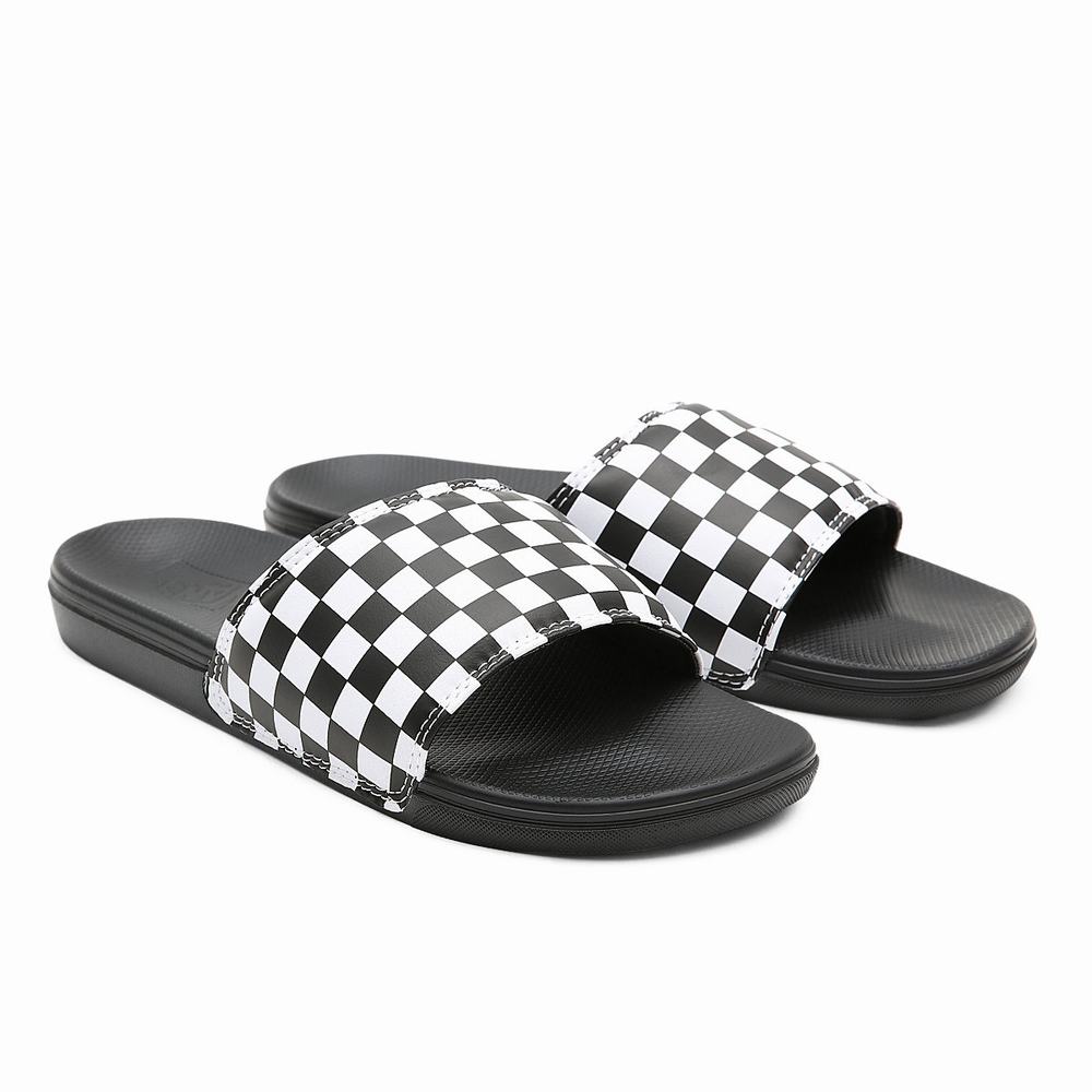 Men\'s Vans Checkerboard La Costa Slides Black / White | USA38257