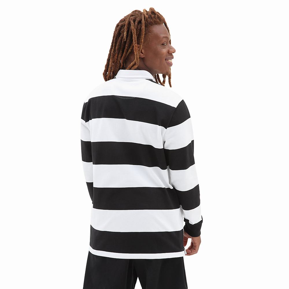 Men's Vans Checkerboard Research Long Sleeve Polo Shirts Black / White | USA80437