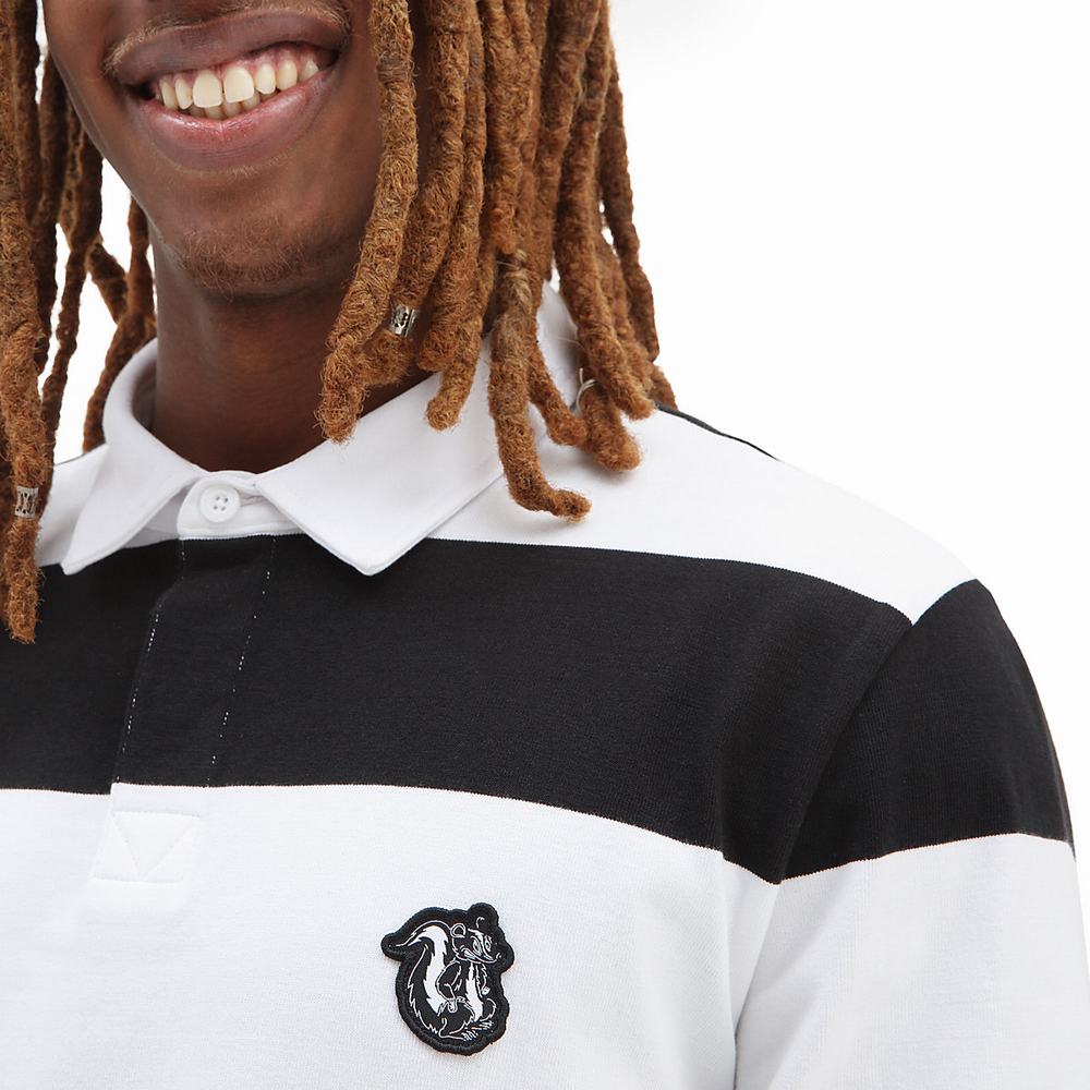 Men's Vans Checkerboard Research Long Sleeve Polo Shirts Black / White | USA80437