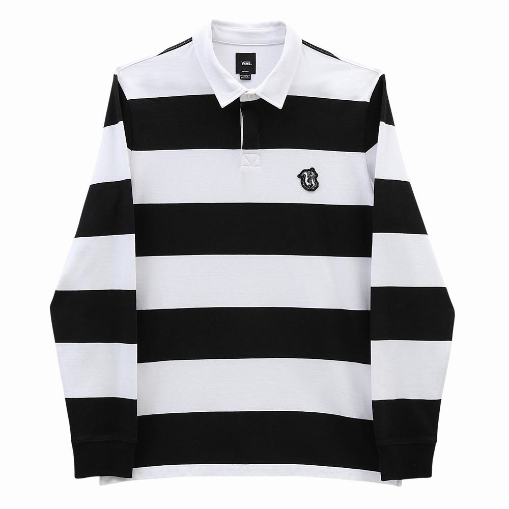 Men's Vans Checkerboard Research Long Sleeve Polo Shirts Black / White | USA80437