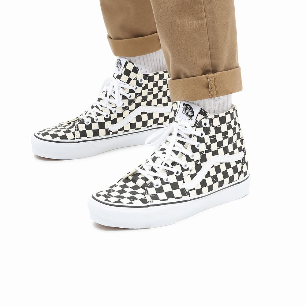 Men's Vans Checkerboard Sk8-Hi Tapered Sneakers Black / White | USA89640