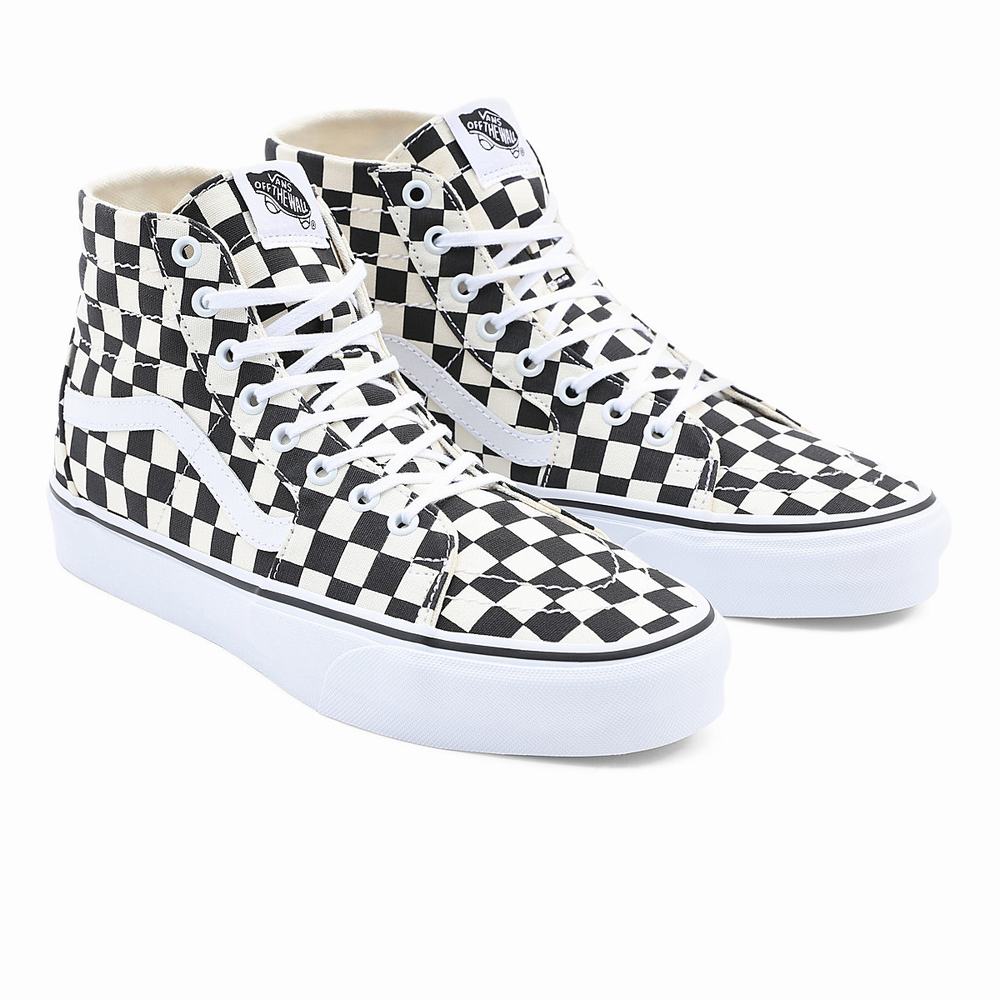 Men\'s Vans Checkerboard Sk8-Hi Tapered Sneakers Black / White | USA89640