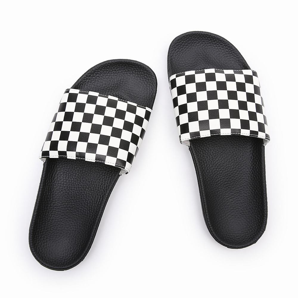 Men's Vans Checkerboard Slides Black / White | USA07639