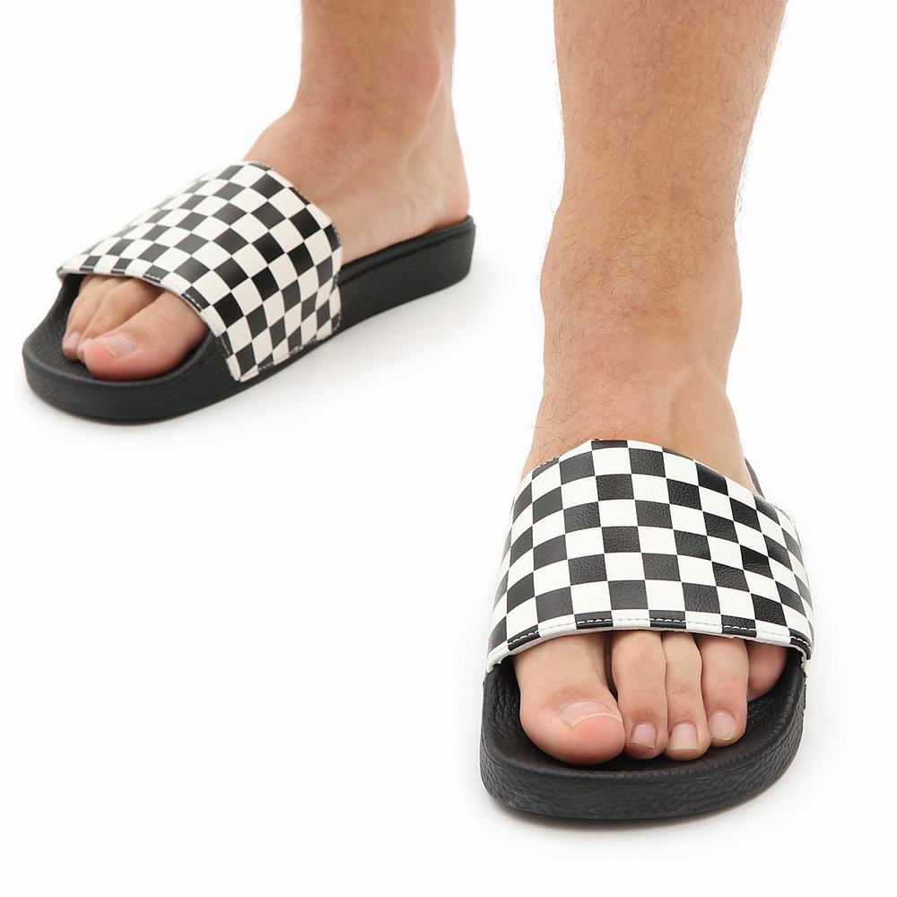 Men's Vans Checkerboard Slides Black / White | USA07639