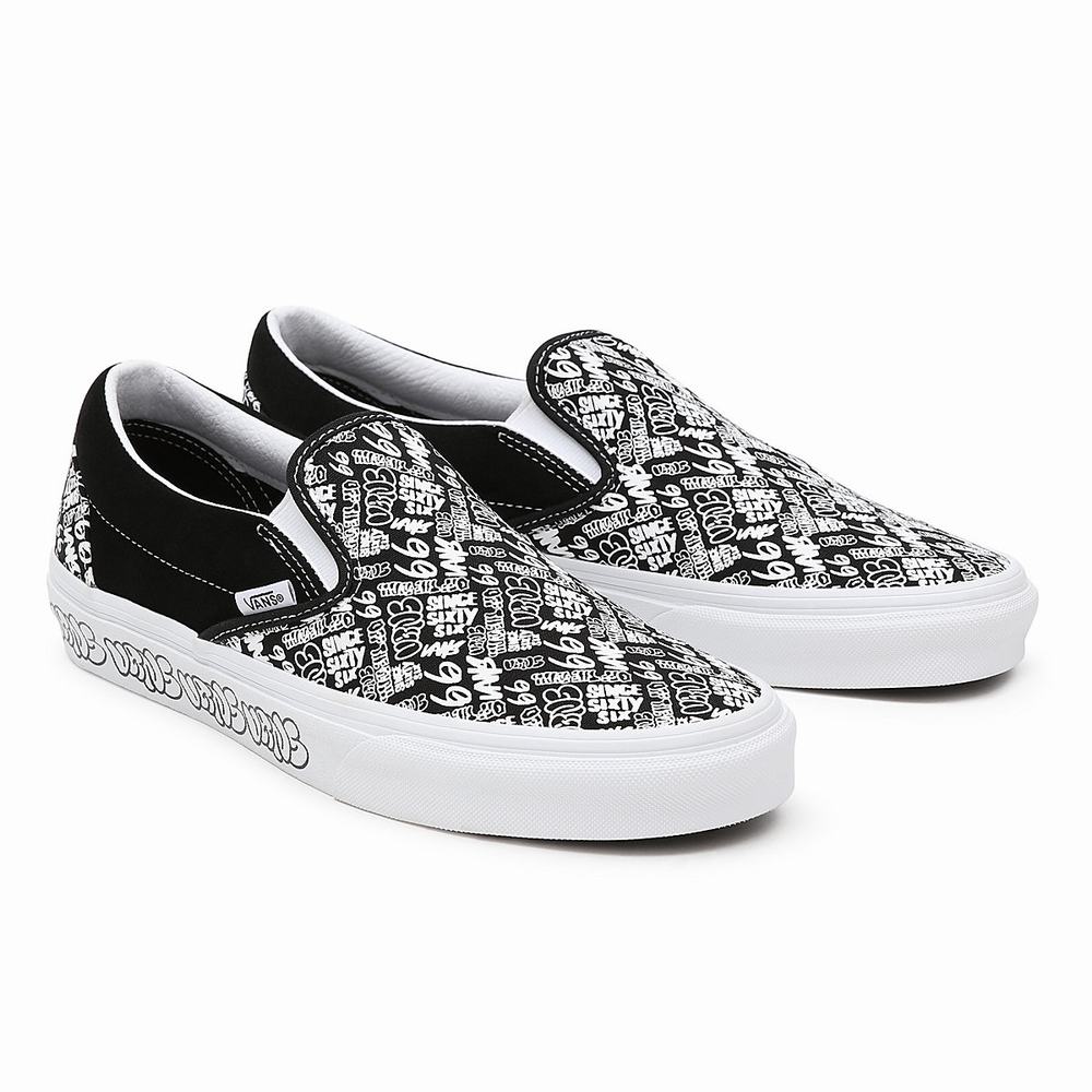 Men\'s Vans Classic Slip On Shoes Black / White | USA59476