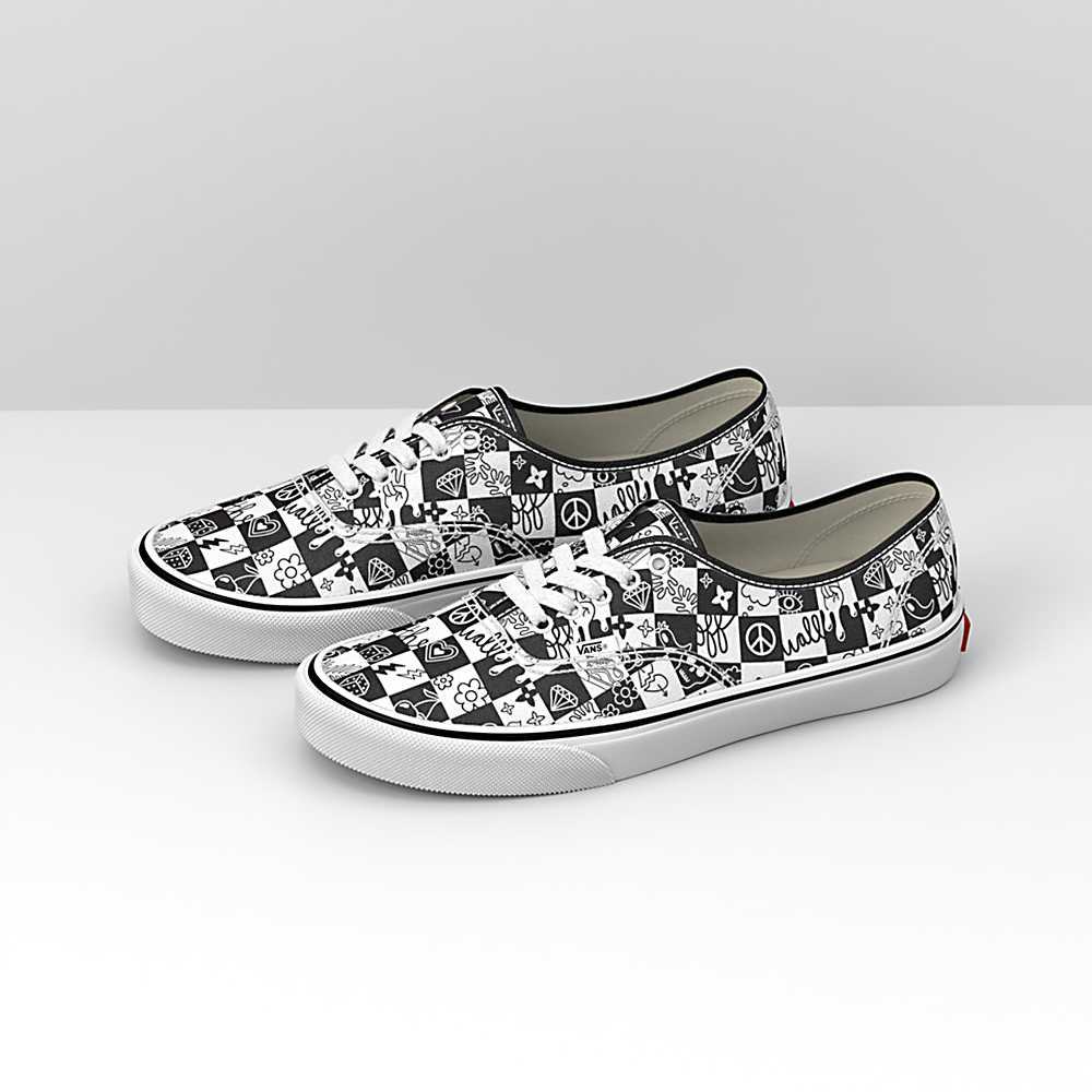 Men's Vans Doodle Checkerboard Authentic Sneakers Black / White | USA81460