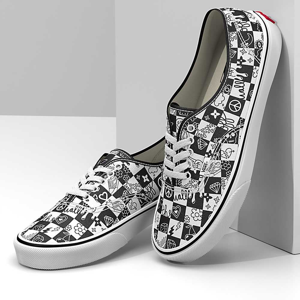 Men's Vans Doodle Checkerboard Authentic Sneakers Black / White | USA81460