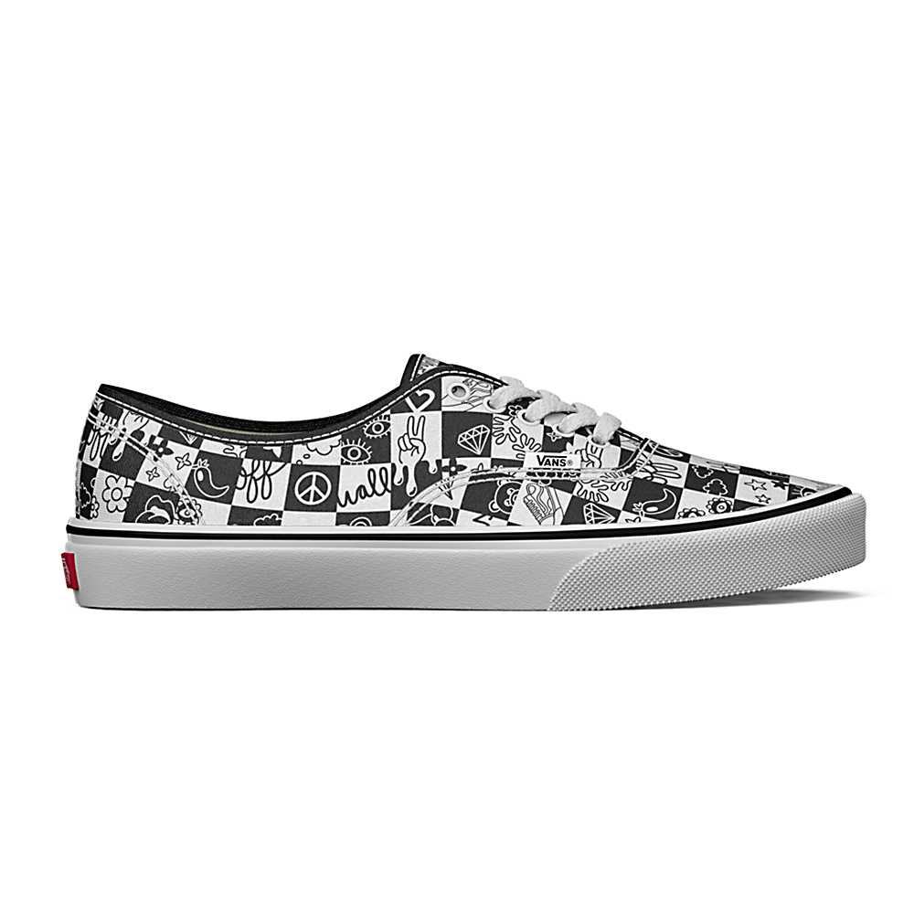 Men's Vans Doodle Checkerboard Authentic Sneakers Black / White | USA81460