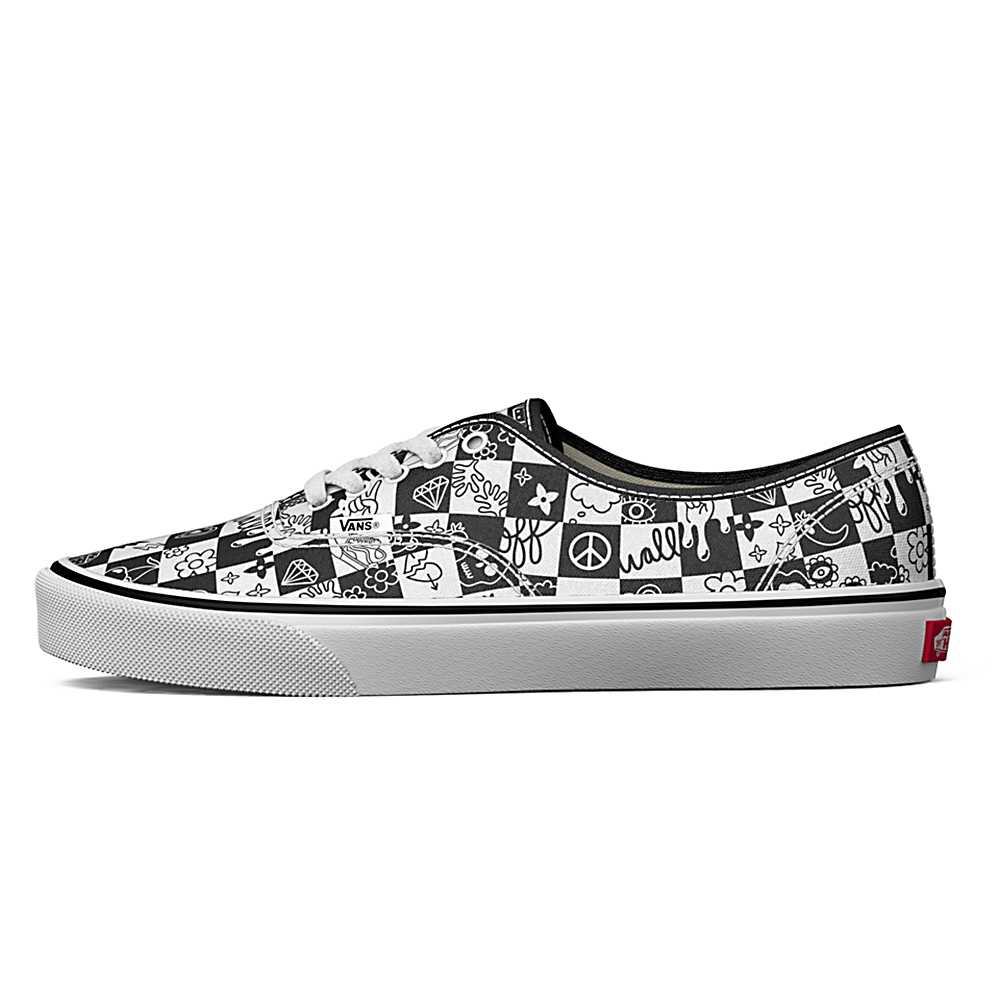 Men's Vans Doodle Checkerboard Authentic Sneakers Black / White | USA81460