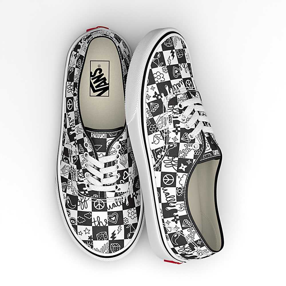 Men's Vans Doodle Checkerboard Authentic Sneakers Black / White | USA81460