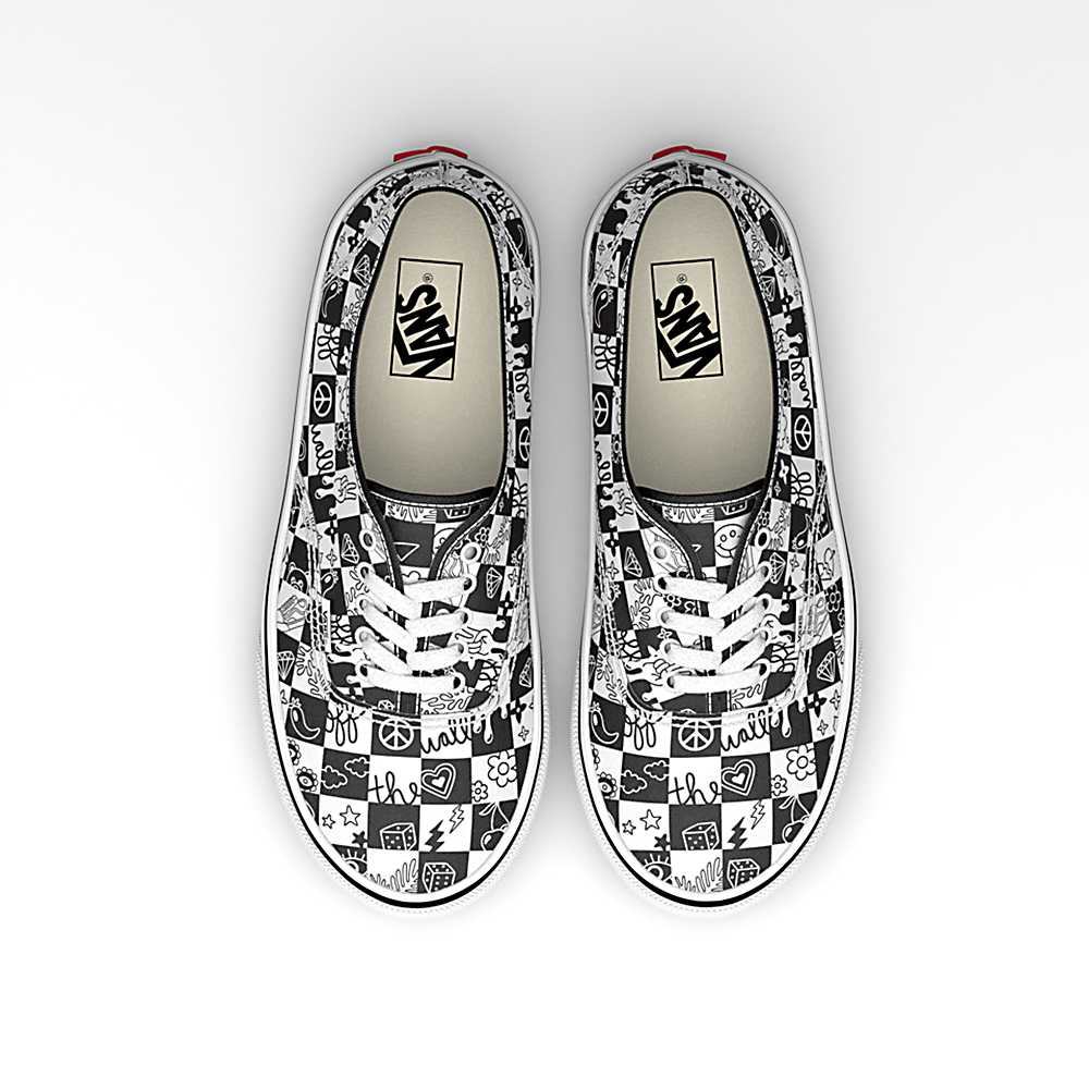 Men's Vans Doodle Checkerboard Authentic Sneakers Black / White | USA81460