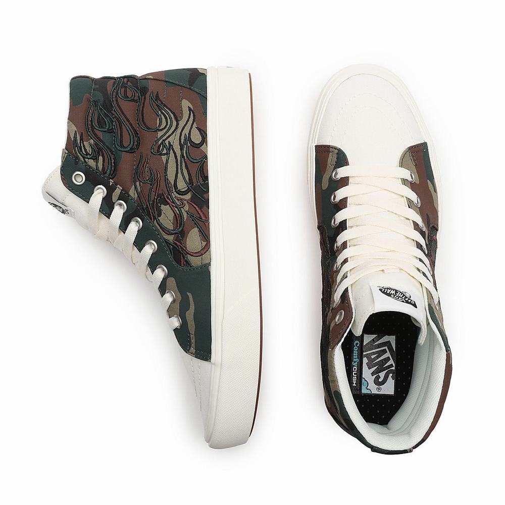 Men's Vans Flame Embroidery ComfyCush SK8-Hi Sneakers Green / Brown | USA85249