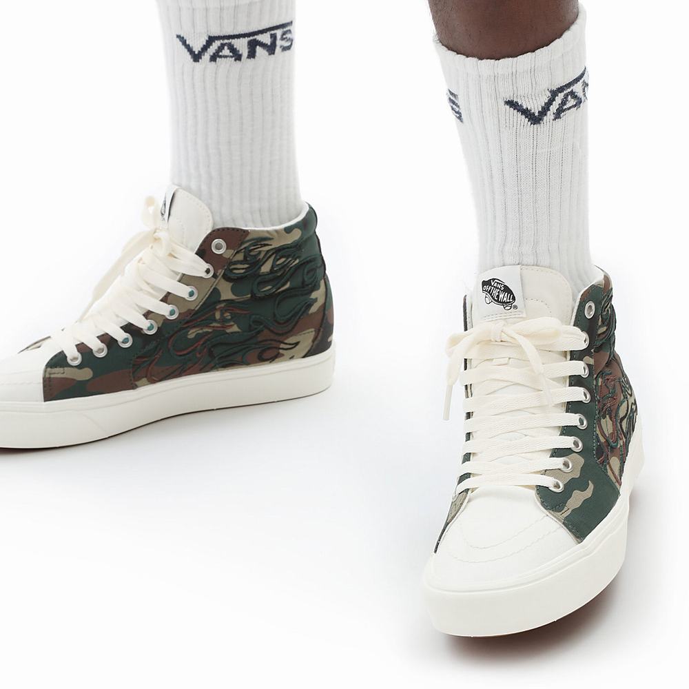 Men's Vans Flame Embroidery ComfyCush SK8-Hi Sneakers Green / Brown | USA85249