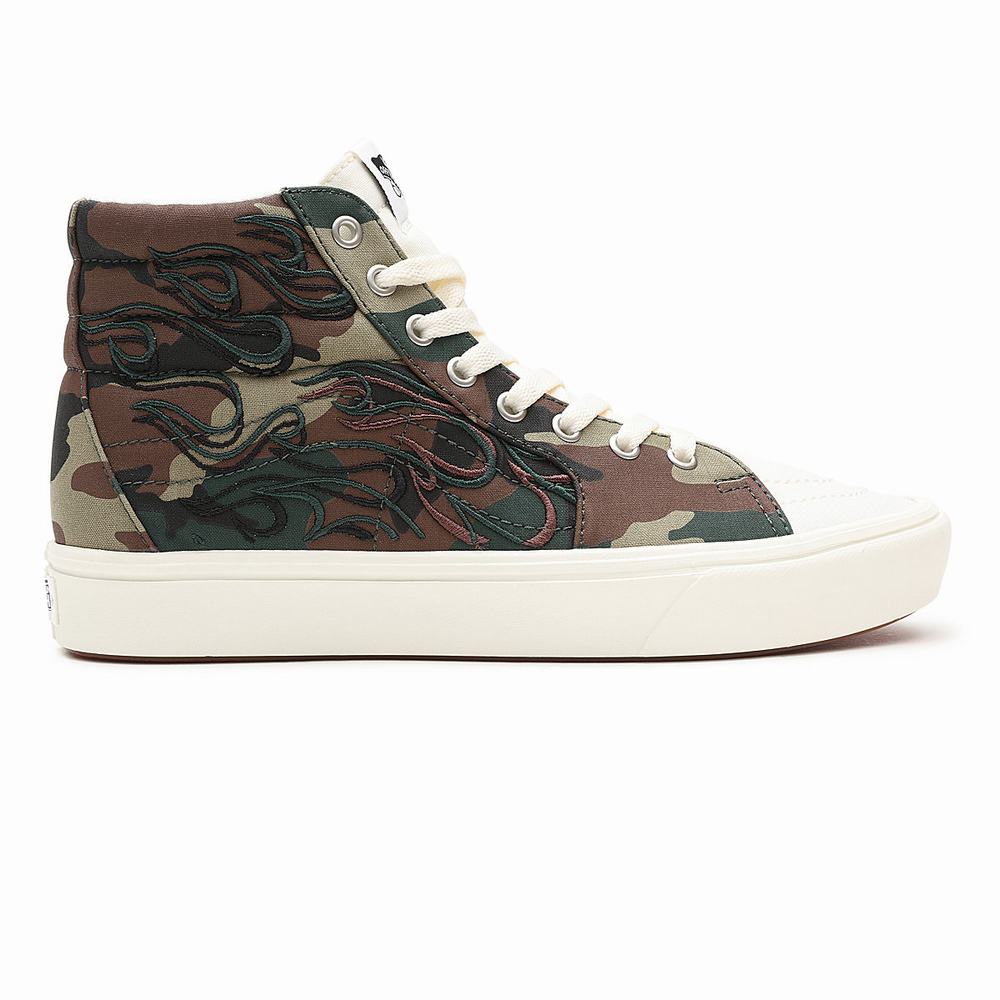 Men's Vans Flame Embroidery ComfyCush SK8-Hi Sneakers Green / Brown | USA85249