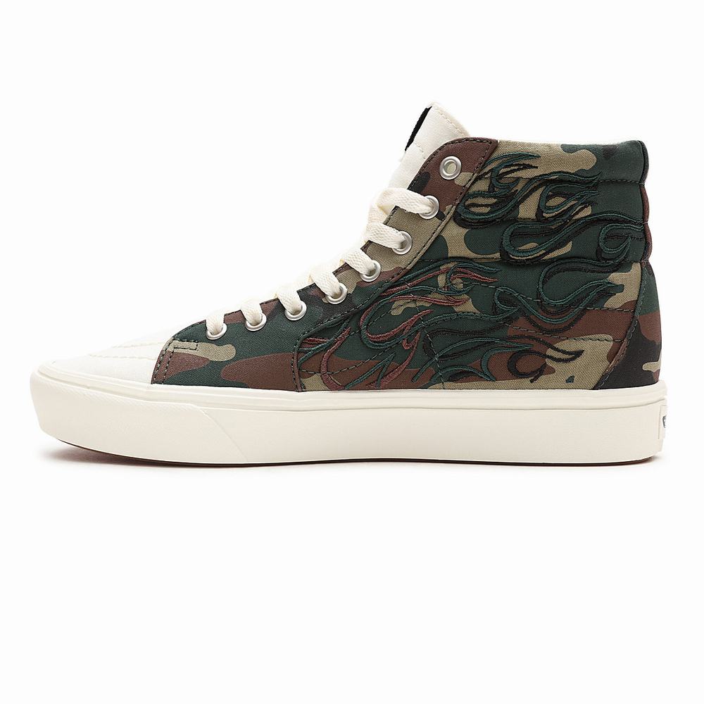 Men's Vans Flame Embroidery ComfyCush SK8-Hi Sneakers Green / Brown | USA85249