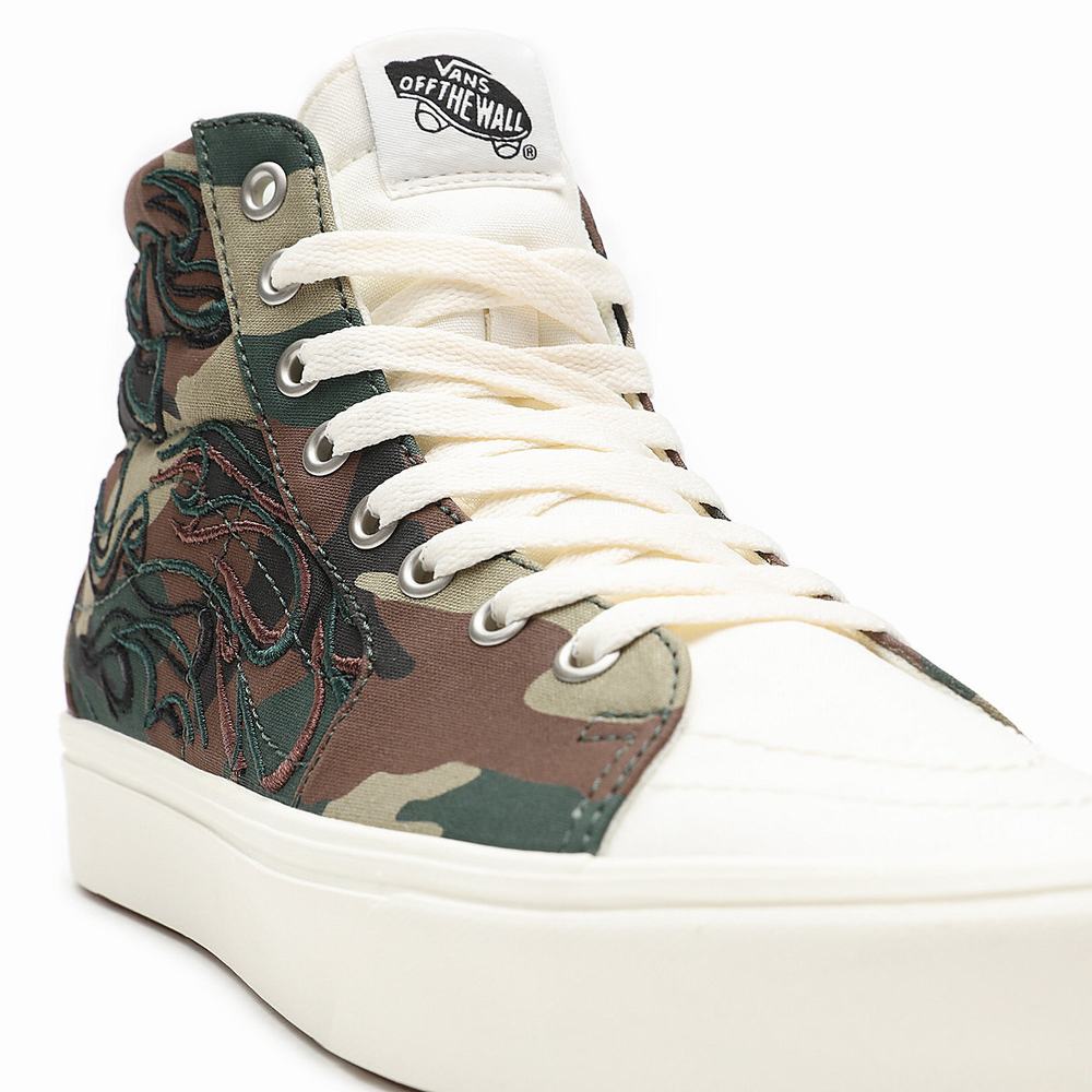 Men's Vans Flame Embroidery ComfyCush SK8-Hi Sneakers Green / Brown | USA85249