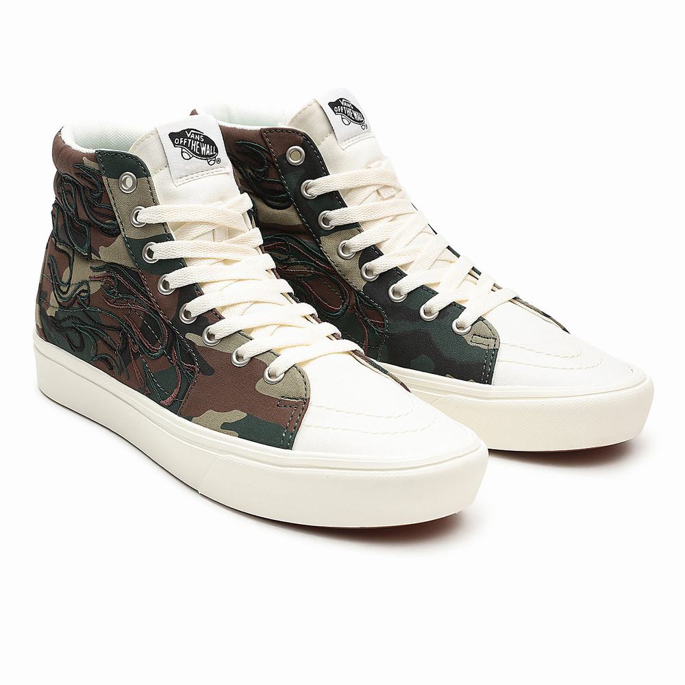 Men\'s Vans Flame Embroidery ComfyCush SK8-Hi Sneakers Green / Brown | USA85249